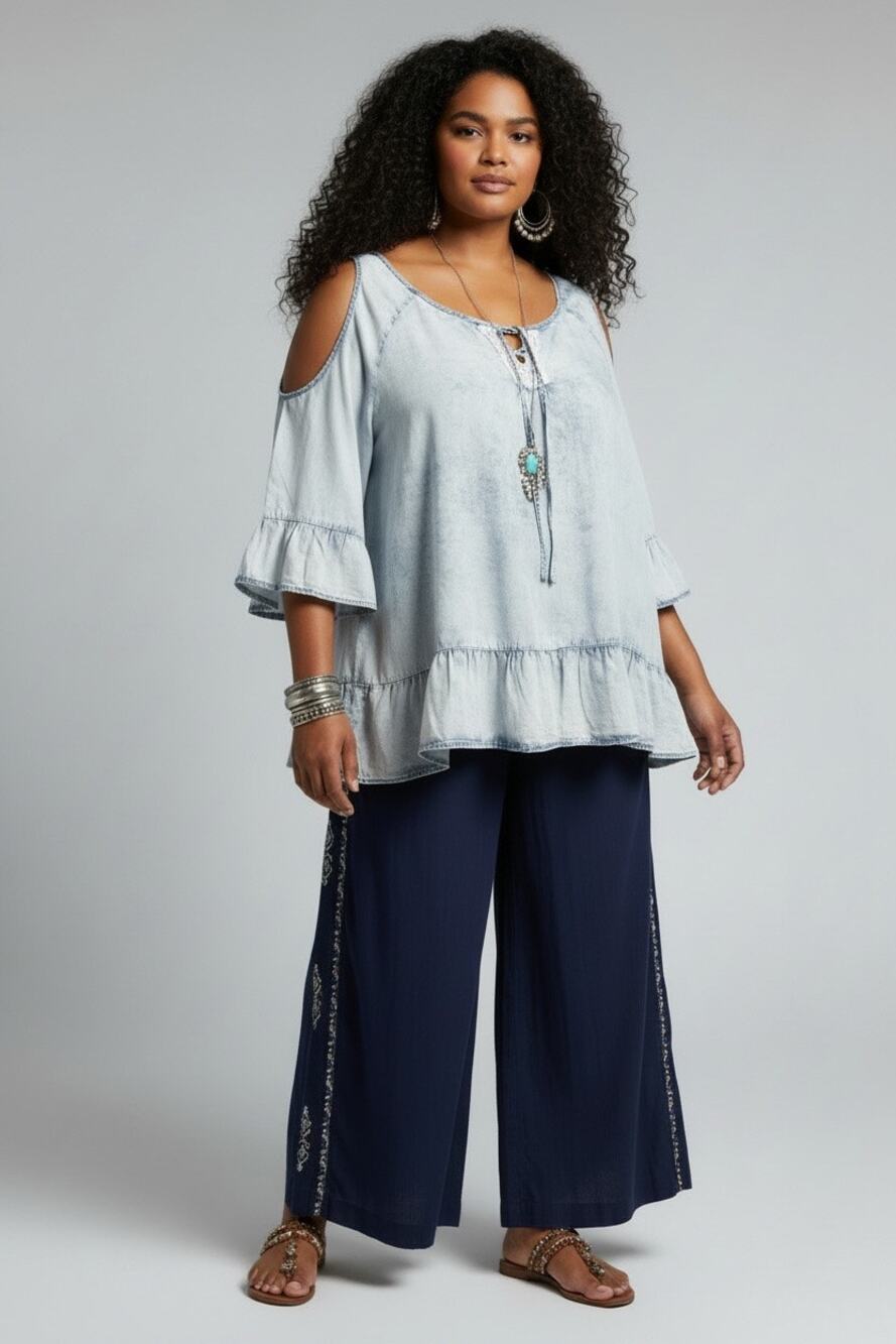 Signature Studio Chambray Cold Shoulder Ruffle Tunic Top Plus 1X